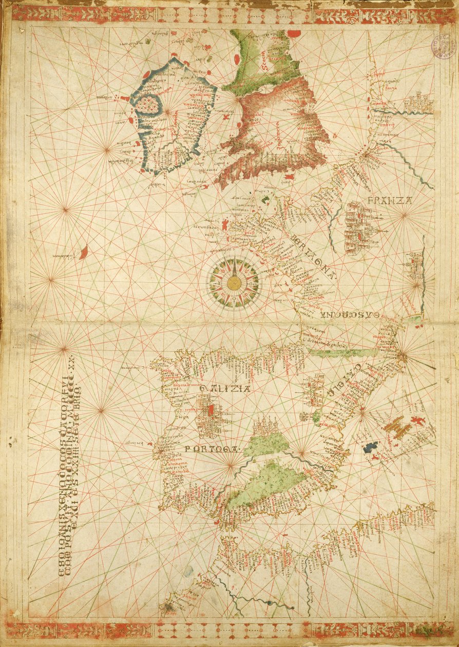 السواحل الأطلسية لأوروبا وأفريقيا ، من أطلس بحري ، 1520 (حبر على الرق) (انظر أيضًا 330911-330912) بواسطة جيوفاني زينودوكس دا كورفو