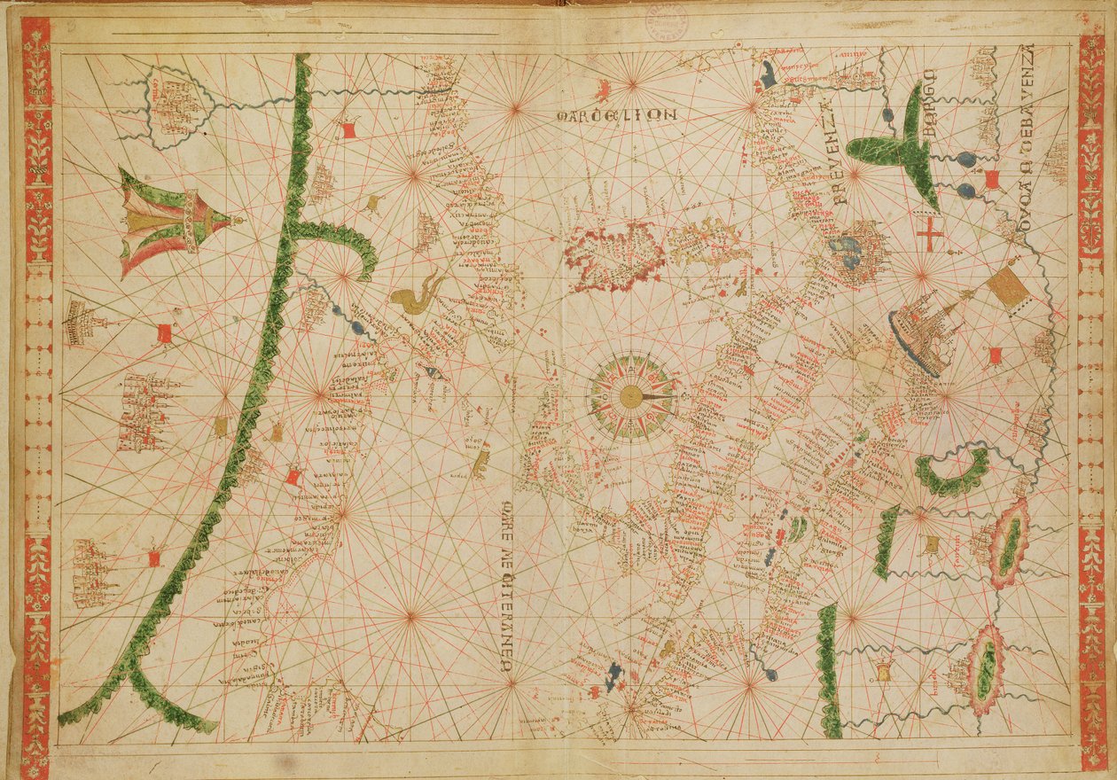 وسط البحر الأبيض المتوسط ، من أطلس بحري ، 1520 (حبر على الرق) (انظر أيضًا 330916-330918) بواسطة جيوفاني زينودوكس دا كورفو