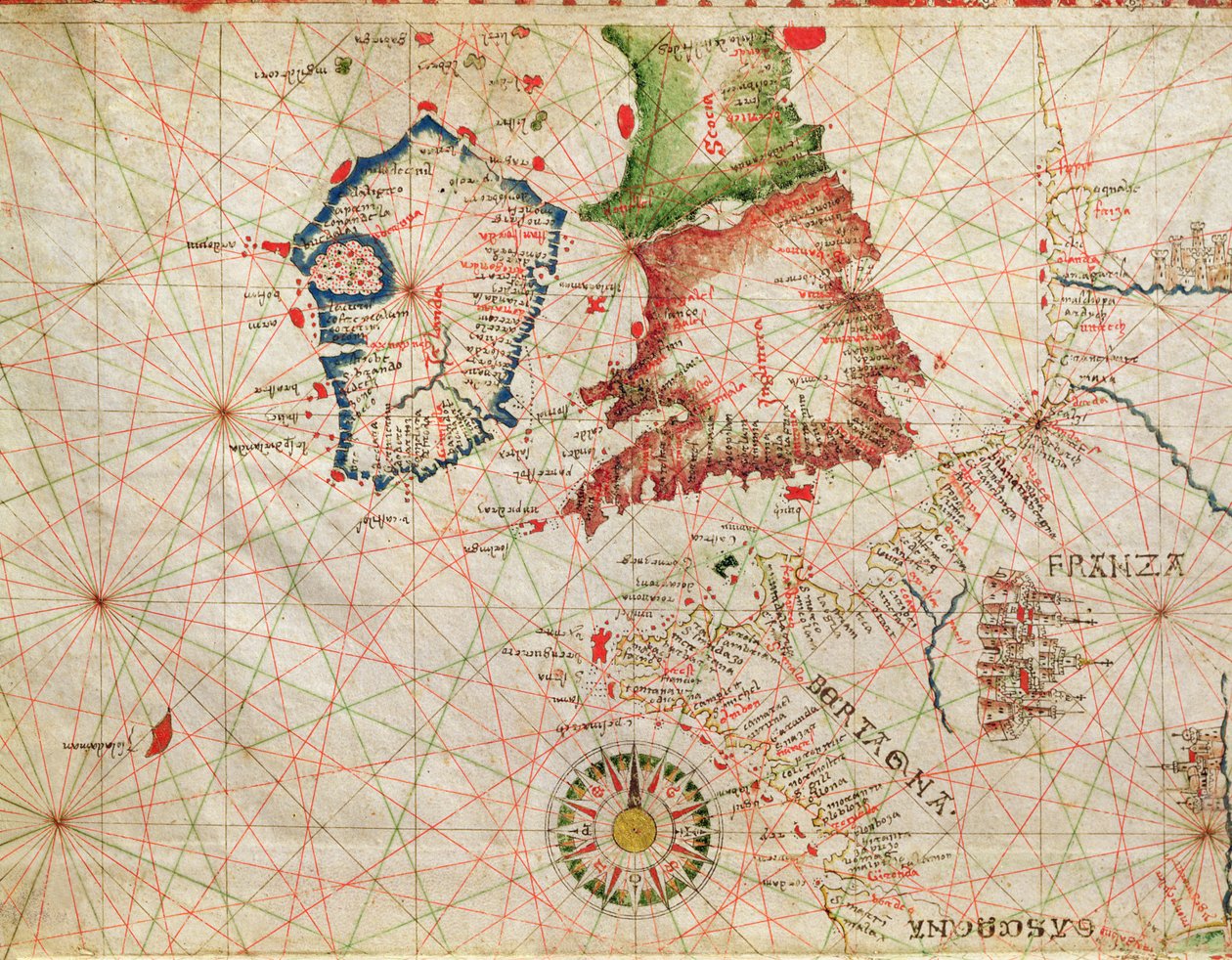 الساحل الفرنسي وإنجلترا واسكتلندا وأيرلندا ، من أطلس بحري ، 1520 (حبر على الرق) (التفاصيل من 330910) بواسطة جيوفاني زينودوكس دا كورفو