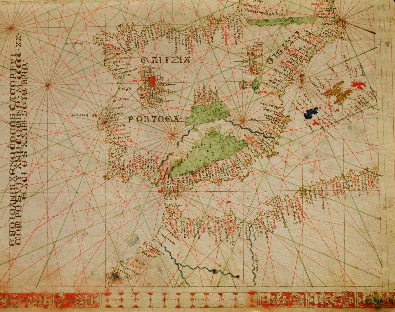 شبه الجزيرة الأيبيرية والساحل الشمالي لأفريقيا ، من أطلس بحري ، 1520 (حبر على الرق) (التفاصيل من 330910) بواسطة جيوفاني زينودوكس دا كورفو