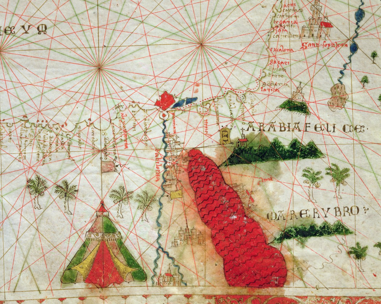 البحر الأحمر ، من أطلس بحري ، 1520 (حبر على رق) (التفاصيل من 330913) بواسطة جيوفاني زينودوكس دا كورفو