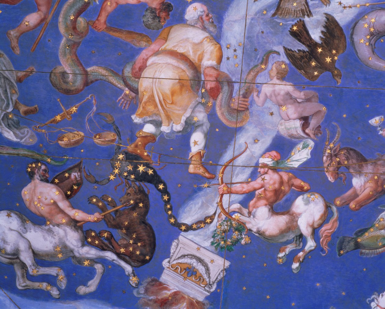 علامات البروج بما في ذلك Battling Centaurs ، التفاصيل من قبو "Sala del Mappamondo" (قاعة خرائط العالم) c.1574-5 بواسطة جيوفاني دي فيكي