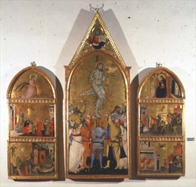 استشهاد القديس سيباستيان Altarpiece ، لوحة مركزية تظهر الاستشهاد وألواح جانبية تظهر مشاهد أخرى من حياة القديس (تمبرا على اللوحة) بواسطة Giovanni di Niccolo del Biondo