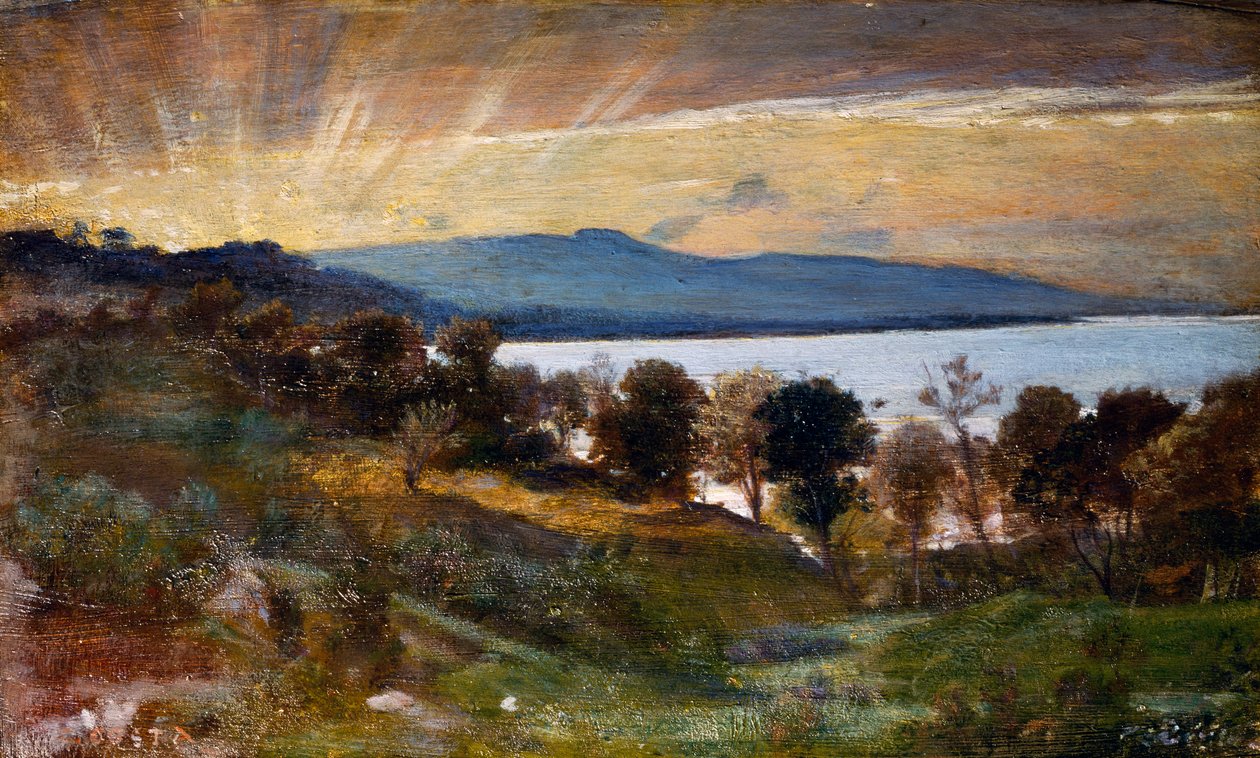 Landscape with sun effect, painting by Nino Costa (1826-1903), Italy بواسطة جيوفاني كوستا