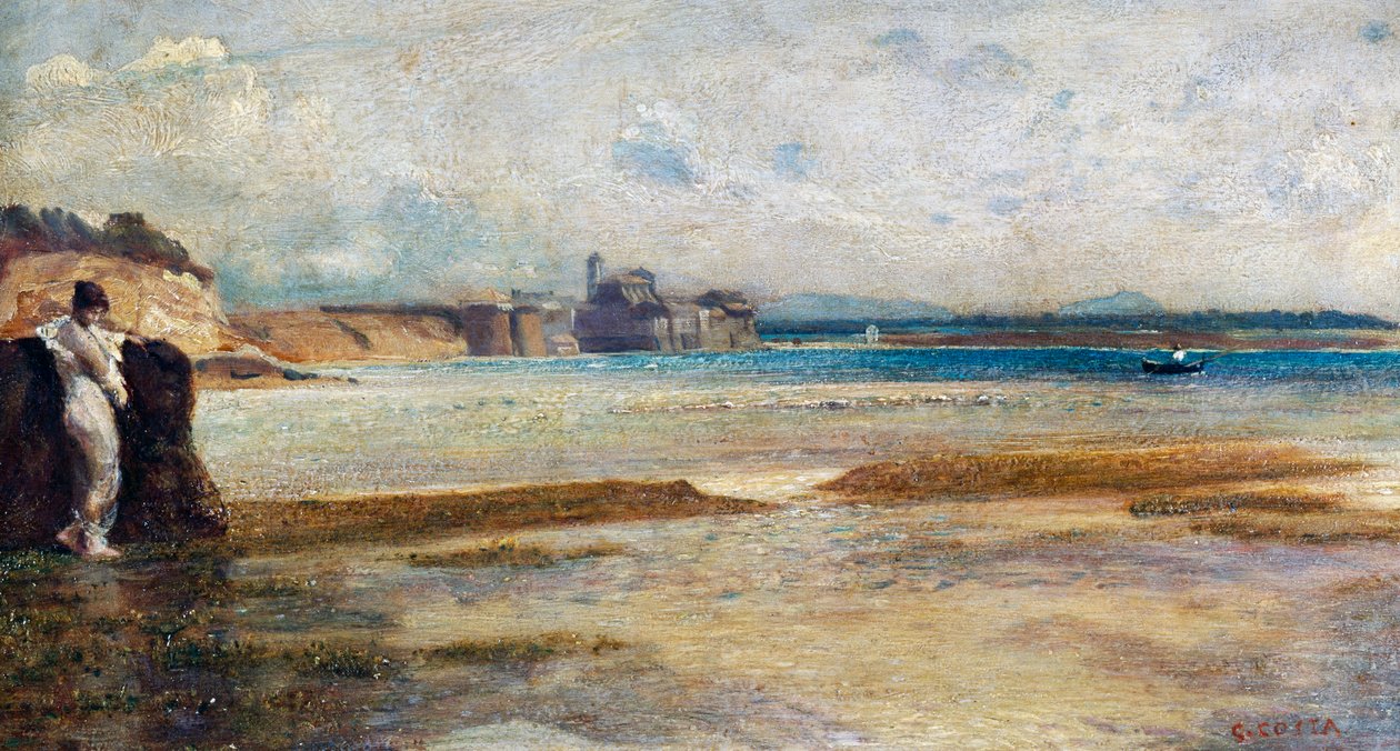 Setting of moon in Tyrrhenian Sea, painting by Nino Costa (1826-1903), Italy بواسطة جيوفاني كوستا