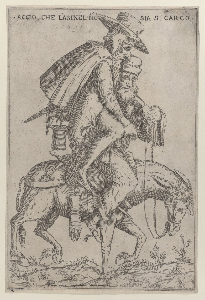 رسم كاريكاتوري لرجلين على بغل ، 1575-1599. بواسطة جيوفاني أمبروجيو برامبيلا
