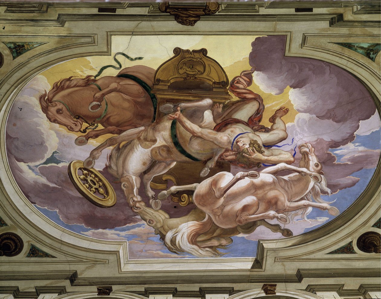 سقوط فايتون (فايثون) ومركبته السماوية بسبب غضب زيوس - لوحات جدارية في trompe l'oeil صنعها Carlone le Genois (1639-1697) - قلعة قديمة من العصور الوسطى ، سقف قاعة حفلات Cagnes (06) بواسطة جيوفاني أندريا كارلون