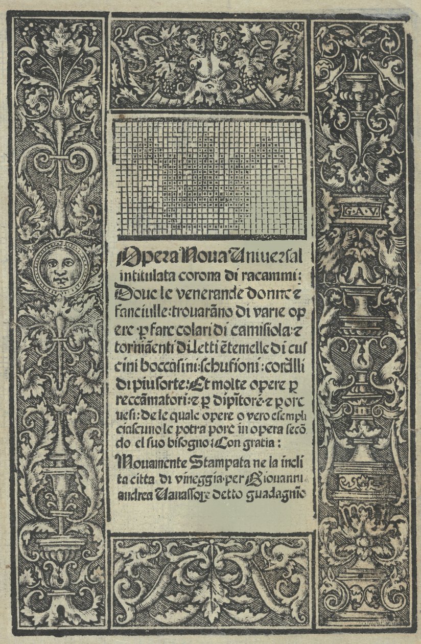 Opera Nova Universali intitulata Corona di racammi ، صفحة العنوان اليمنى ، [1530]. بواسطة جيوفاني أندريا فافاسور