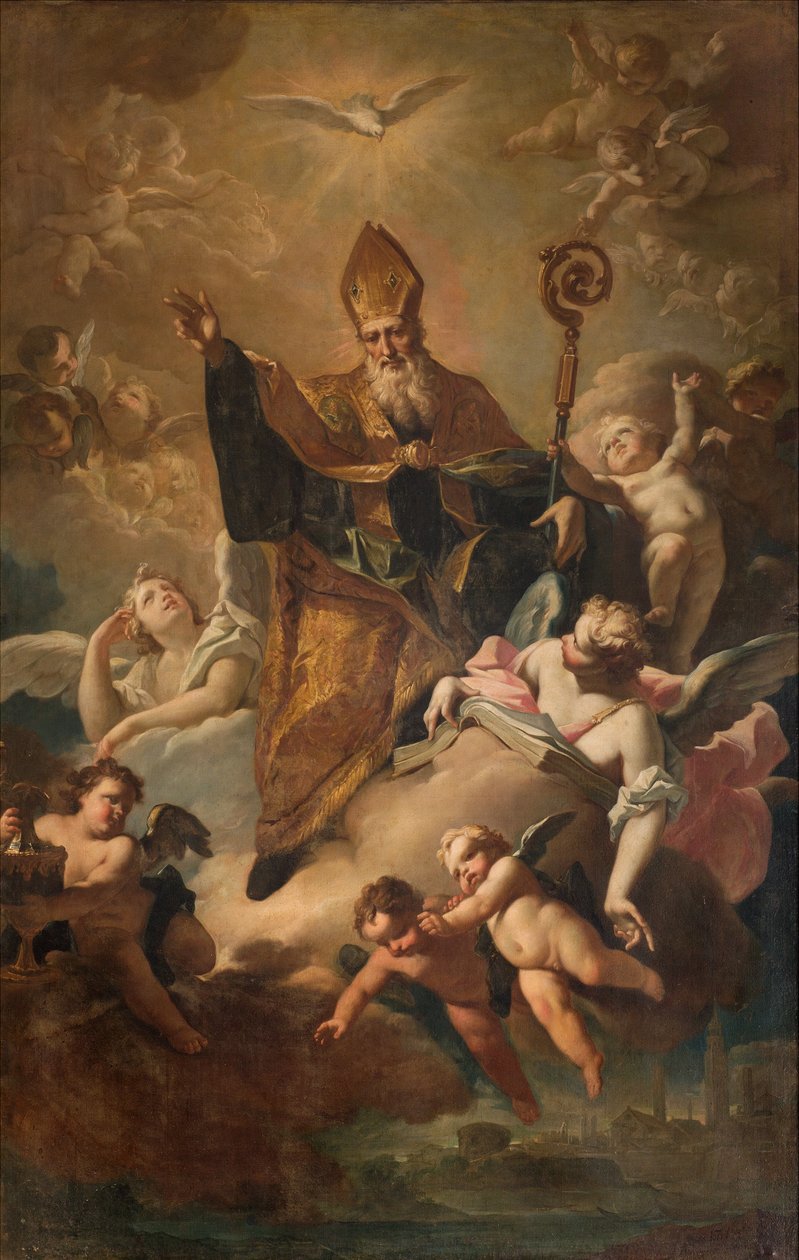 الكنيسة الجنوبية ، مذبح سان بنديتو ، القديس بنديكت في غلوريا أثناء مباركة المدينة ، Altarpiece بواسطة جيوفاني أنجيلو بوروني ، سان بينيديتو في جلوريا أثناء مباركة المدينة 1744 بواسطة جيوفاني أنجيلو بوروني