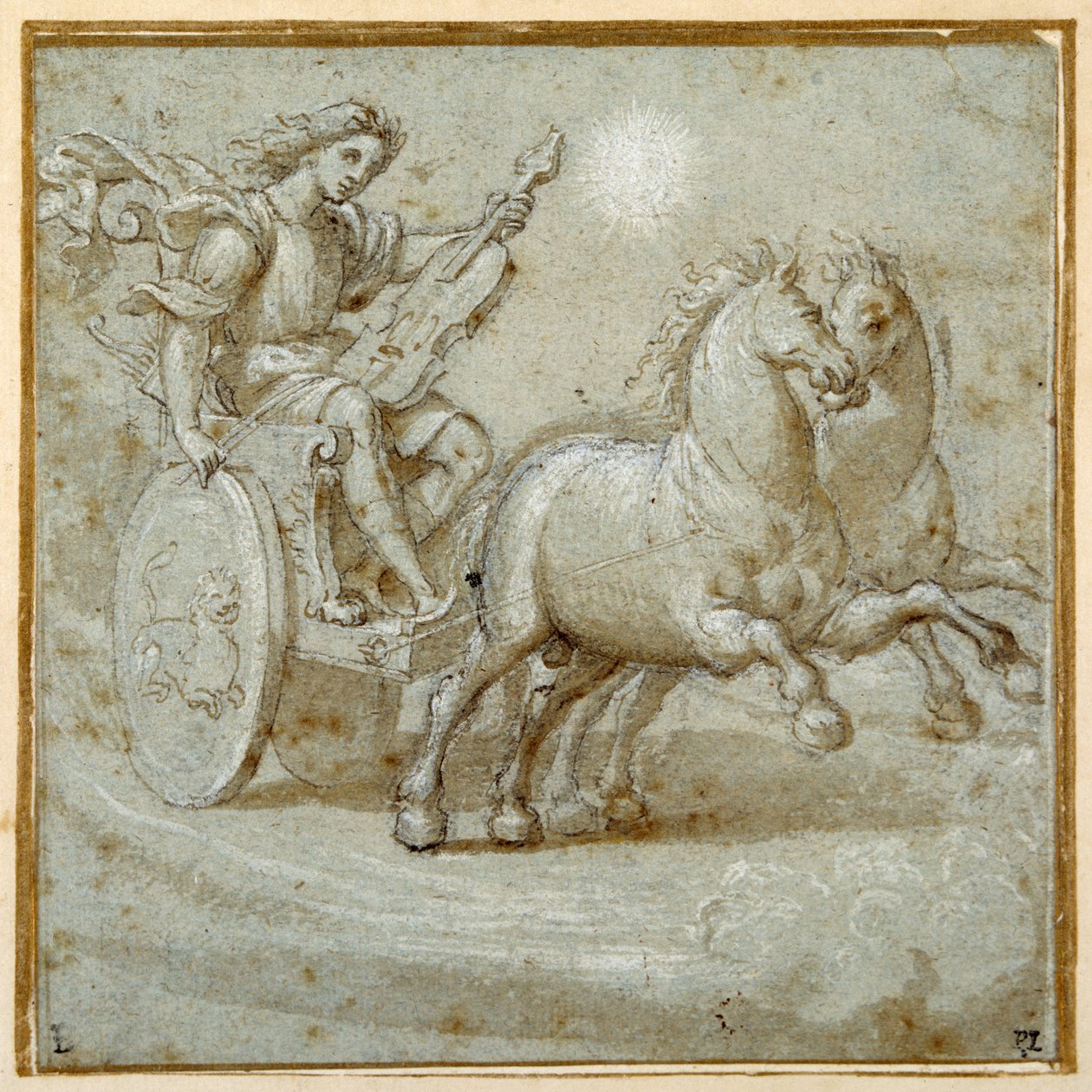 Apollo seated in his chariot with his viol (black chalk, pen & brown ink with brown wash heightened with white body colour on carta azzurra) بواسطة جيوفاني أنطونيو (دائرة) بوردينوني