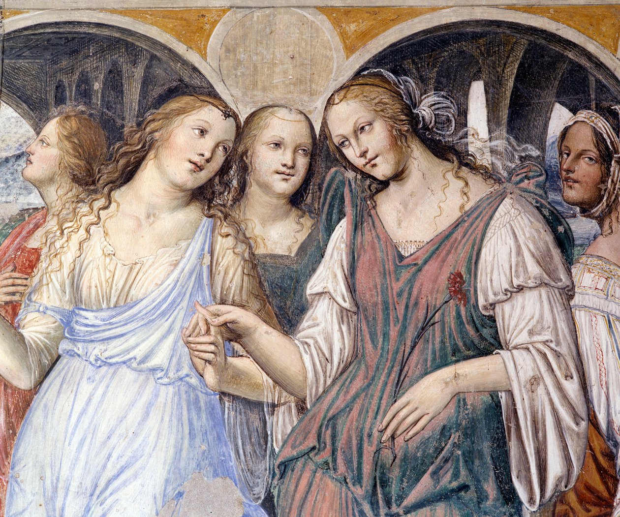 Florent sent prostitutes to the monastery (Florenzo sends courtesans to the monastery of st Benedict) Detail fresco of the cloitre realised by Antonio Bazzi dit il Sodoma (1477 - 1549) recounting the life of Saint Benedict (480 - 567) founder of the Order  بواسطة جيوفاني أنطونيو بزي سودوما