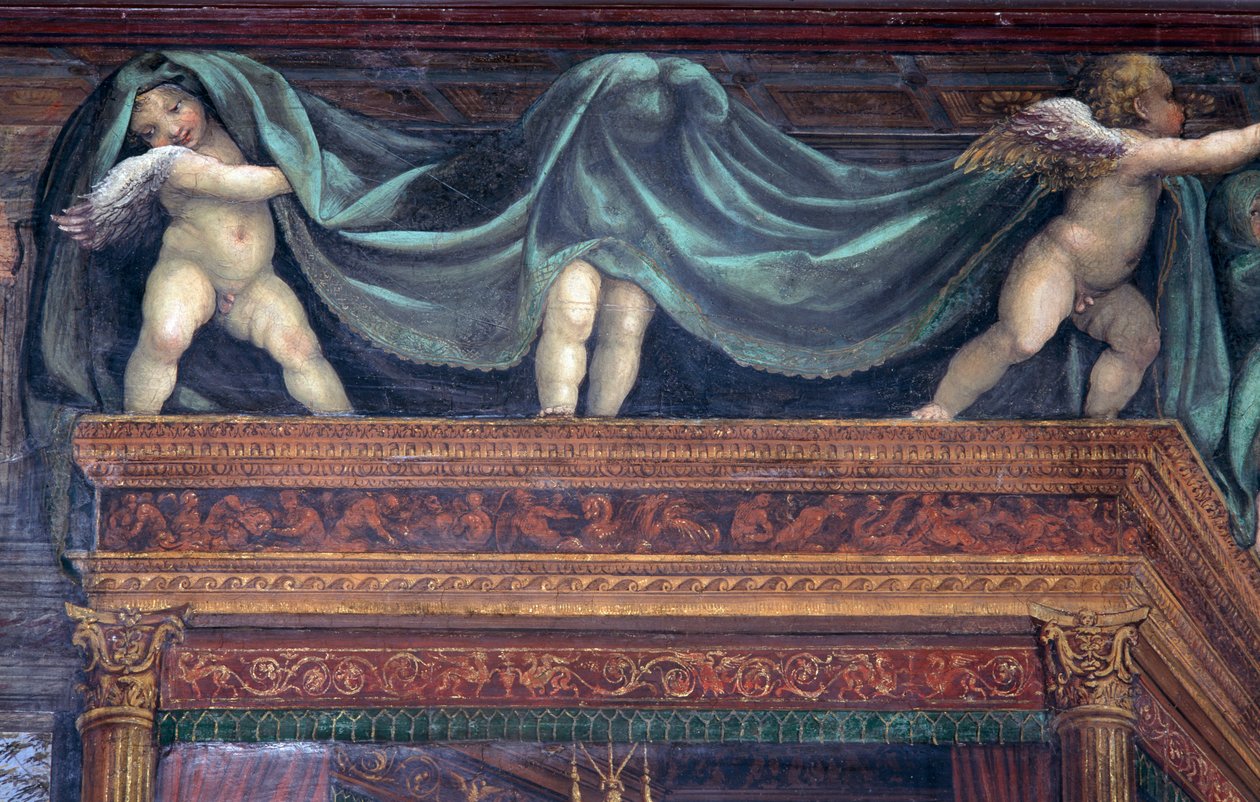 قاعة Sala delle Nozze di Alessandro e Rossana Hall of the زواج الإسكندر الأكبر 356-323 قبل الميلاد وتفاصيل روكسان عن اللعب المعاصر تحت مظلة السرير ، c.1513 تفاصيل جدارية 107228 بواسطة جيوفاني أنطونيو بزي سودوما