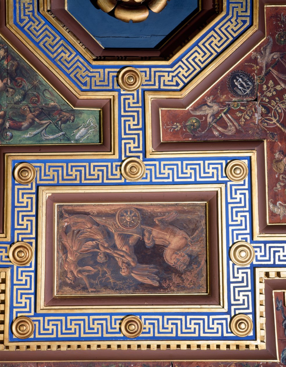 قاعة Sala delle Nozze di Alessandro e Rossana للزواج من الإسكندر الأكبر 356-323 قبل الميلاد وتفاصيل Roxanne من زخرفة السقف ، c.1513 فريسكو بواسطة جيوفاني أنطونيو بزي سودوما