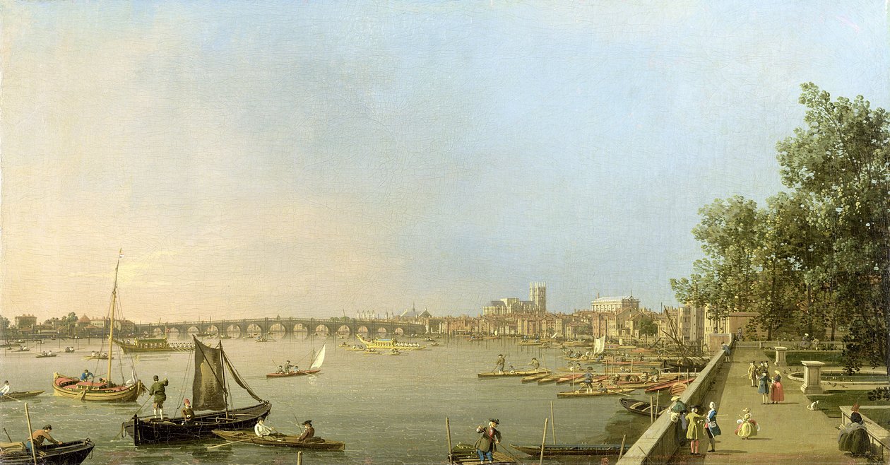 نهر التايمز من شرفة منزل سومرست ، ينظر إلى المنبع نحو ويستمنستر ووايتهول ، c.1750 بواسطة قناة جيوفاني أنطونيو (كاناليتو)