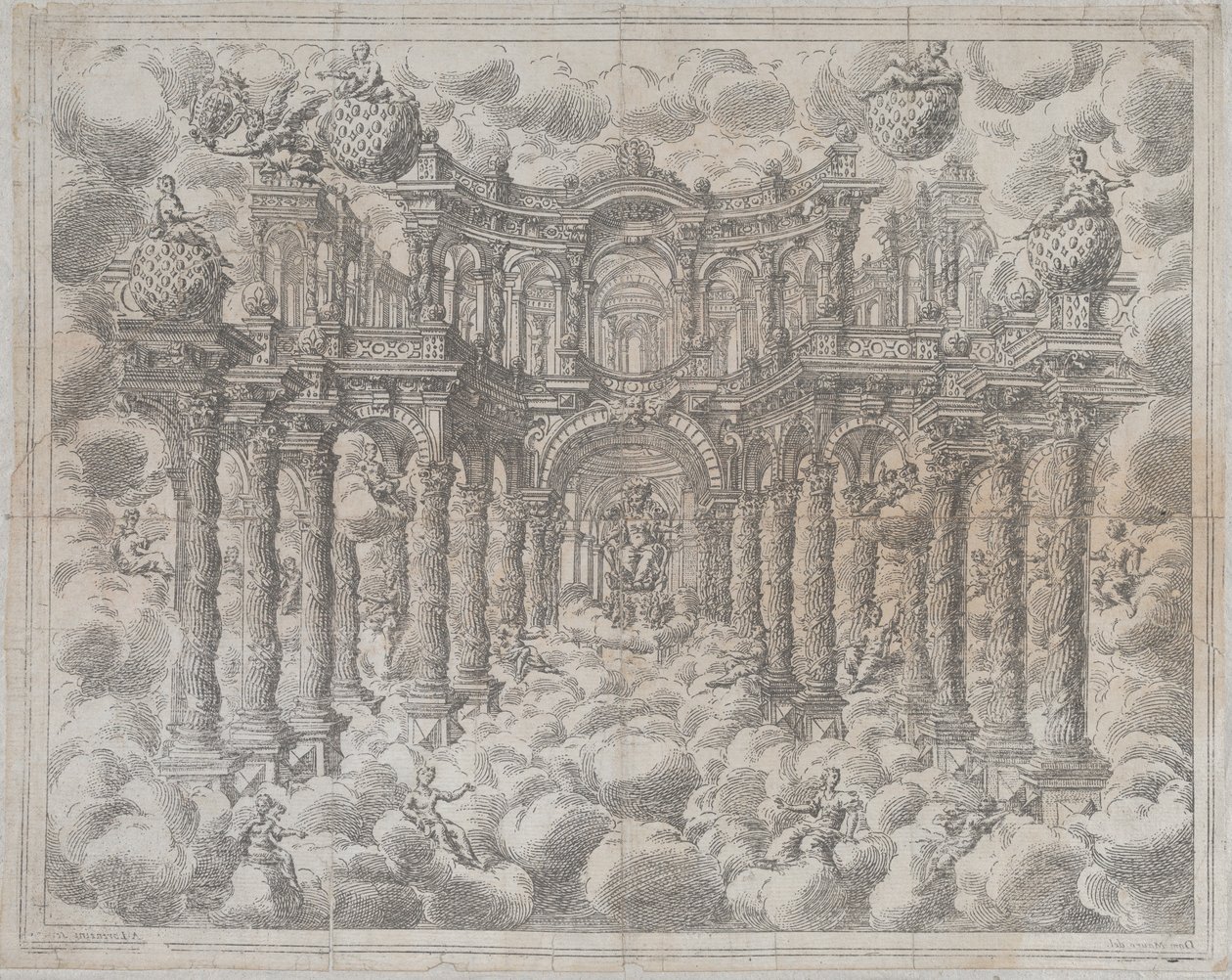 اللوحة 2 [مضادة]: مسرح مع شخصيات مجازية جالسة بين الغيوم ، مع ... ، 1690. بواسطة جيوفاني أنطونيو لورينزيني