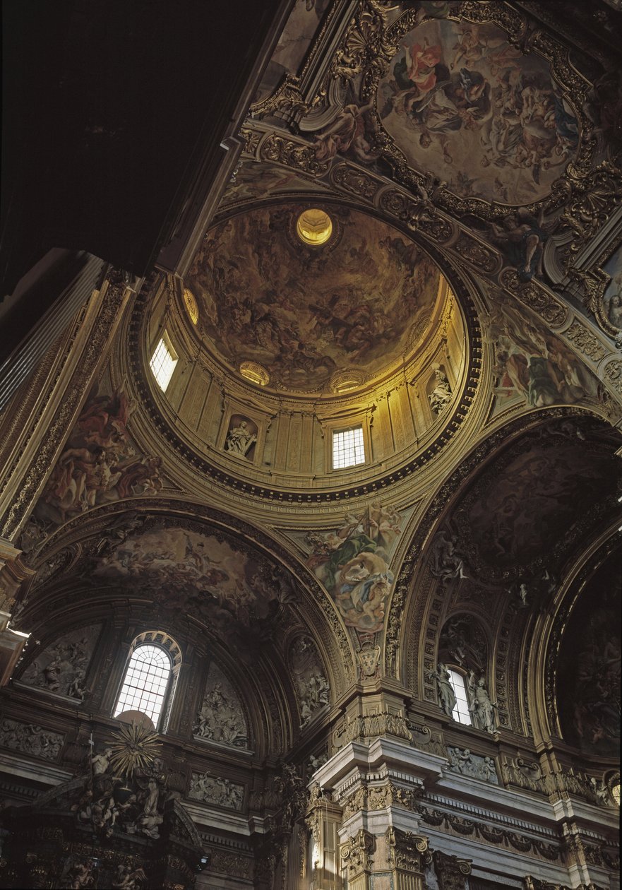 View of the dome and fresco by Baciccia, Church of Gesu in Rome, circa 1568 (Interior view of Chiesa del Gesu with cupola and Baciccia