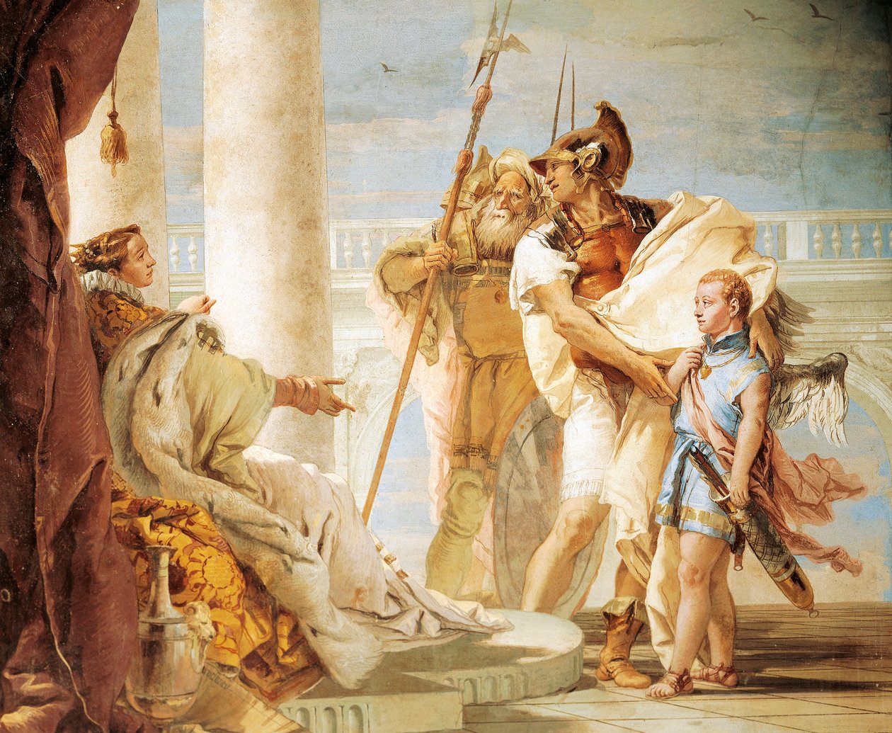 إينيس يقدم كيوبيد يرتدي زي أسكانيوس إلى ديدو ، بقلم جيامباتيستا تيبولو (1696-1770) ، لوحة جدارية ، غرفة الإنيد ، فيلا فالمارانا 'آي ناني' ، فيتشنزا ، إيطاليا بواسطة جيوفاني باتيستا تيبولو