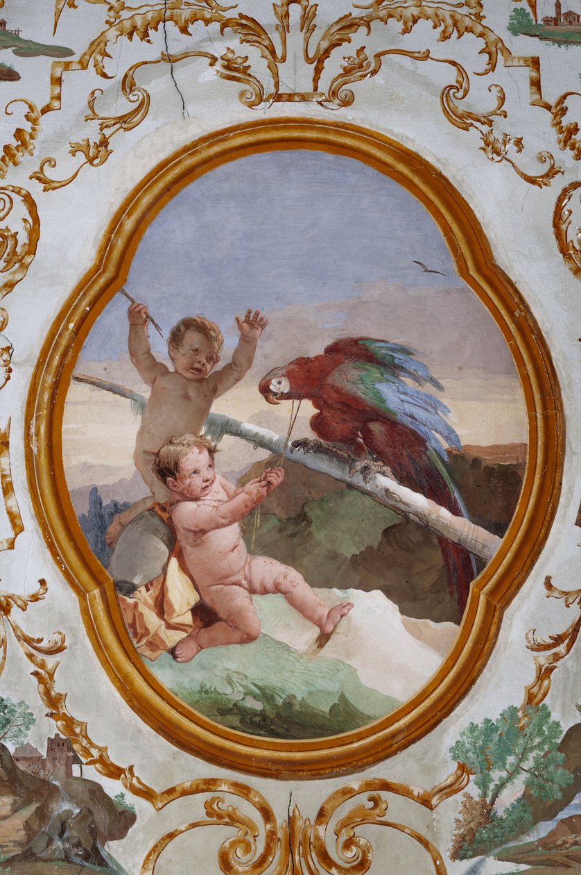 Guest Lodgings ، The Room of the Putti ، ميدالية مع putti: "Two putti and a parrot" بواسطة جيوفاني باتيستا تيبولو