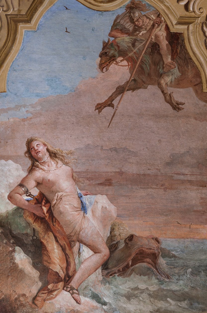 Palazzina (مبنى صغير): غرفة ثانية أو غرفة في Ariosto مع لوحات جدارية تمثل حلقات من "Orlando Furioso": "Ruggiero إنقاذ Angelica من وحش البحر" بواسطة جيوفاني باتيستا تيبولو
