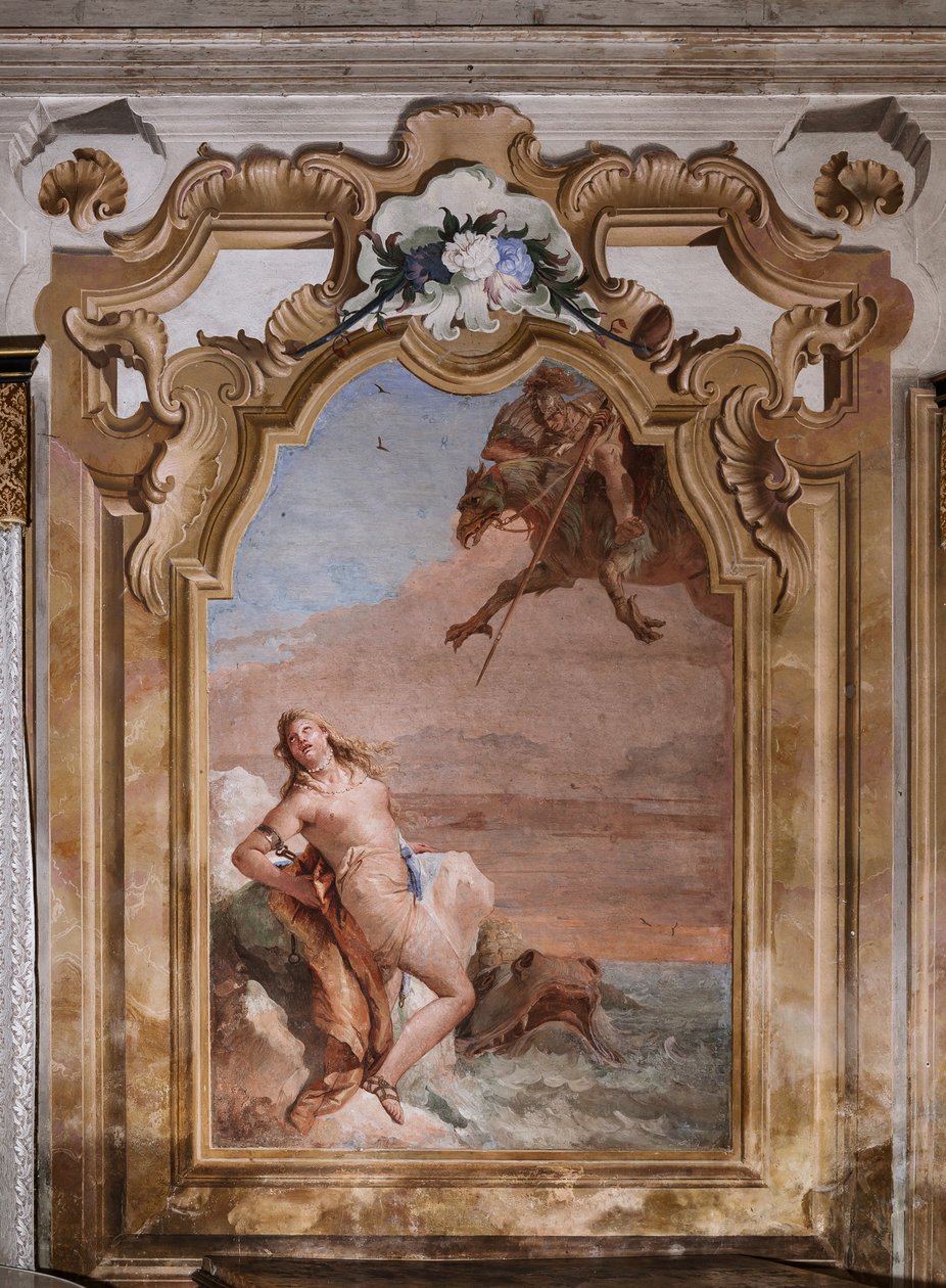Palazzina (مبنى صغير): غرفة ثانية أو غرفة في Ariosto مع لوحات جدارية تمثل حلقات من "Orlando Furioso": "Ruggiero إنقاذ Angelica من وحش البحر" بواسطة جيوفاني باتيستا تيبولو