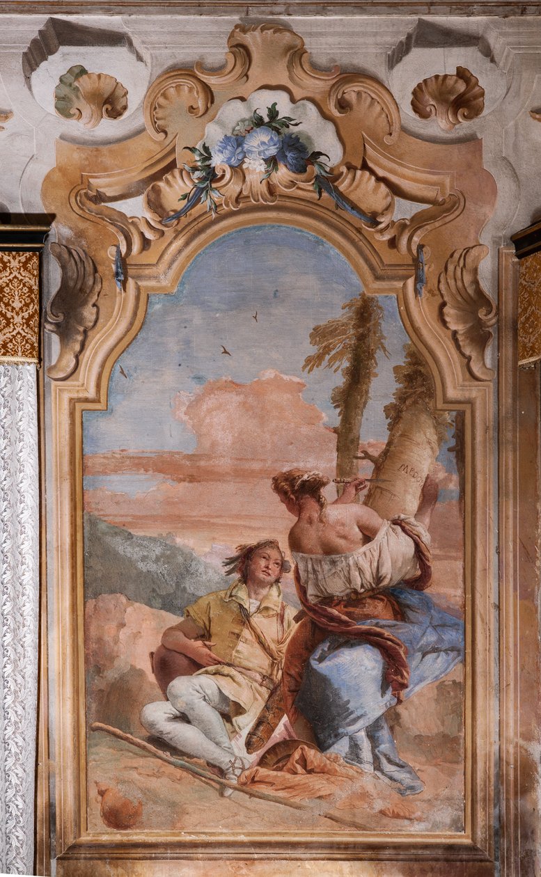 Palazzina (مبنى صغير): غرفة ثانية أو غرفة في Ariosto مع لوحات جدارية تمثل حلقات من "Orlando Furioso": "Angelica و Medoro ينقشان أسمائهما على لحاء النباتات" بواسطة جيوفاني باتيستا تيبولو