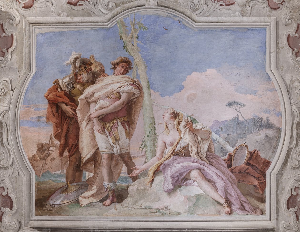 Palazzina (مبنى صغير): منظر للغرفة الرابعة أو Torquato Tasso ، مع لوحات جدارية تمثل حلقات "Jerusalem Delivered": "Rinaldo ، برفقة Ubaldo و Carlo ، يتخلى عن Armida" بواسطة جيوفاني باتيستا تيبولو