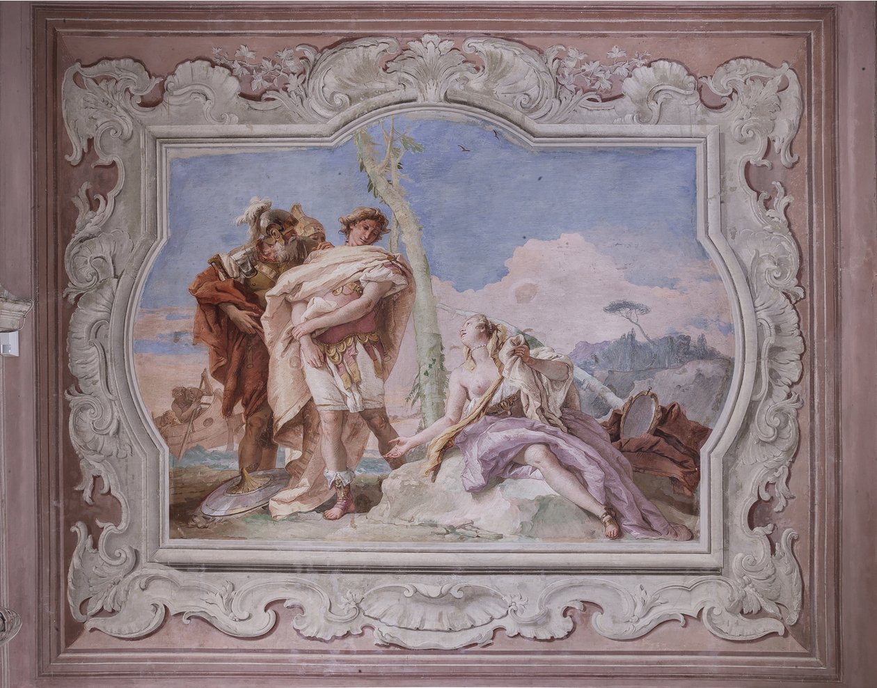 Palazzina (مبنى صغير): منظر للغرفة الرابعة أو Torquato Tasso ، مع لوحات جدارية تمثل حلقات "Jerusalem Delivered": "Rinaldo ، برفقة Ubaldo و Carlo ، يتخلى عن Armida" بواسطة جيوفاني باتيستا تيبولو