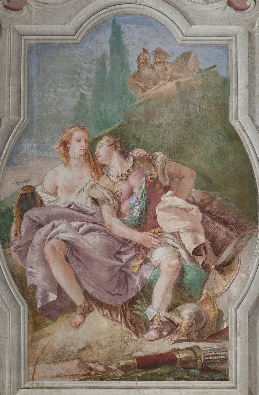 Palazzina (مبنى صغير): منظر للغرفة الرابعة أو Torquato Tasso ، مع لوحات جدارية تمثل حلقات "Jerusalem Delivered": "Rinaldo و Armida في الحديقة المسحورة ، تمت مراقبتهما سراً من قبل Ubaldo و Carlo" بواسطة جيوفاني باتيستا تيبولو