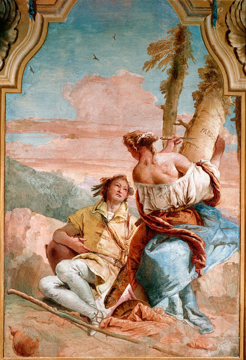 Angelique et Medor - رسم توضيحي لـ "The Furious Roland" (Orlando Furioso) بواسطة Ludovic Arioste (Ariosto) الذي يمثل Angelica (Angelica) ينقش اسم Medor (Medoro) ، الذي انضمت إليه للتو ، على جذع شجرة - Fresco بواسطة جيامباتيستا تيبو بواسطة جيوفاني باتيستا تيبولو