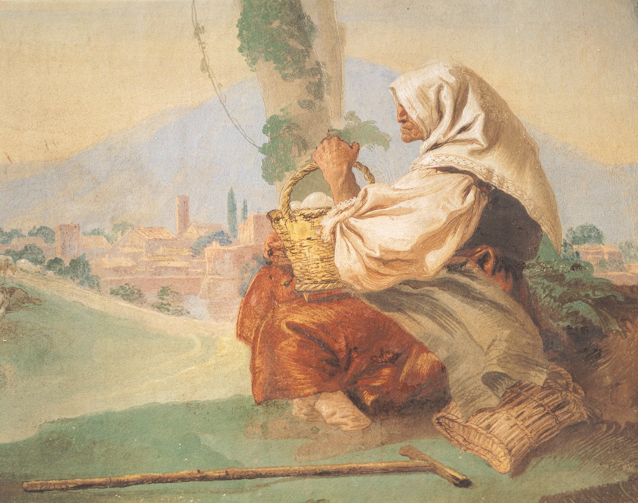 Landscape has the peasant An old man sitting, his head covered by a bloody man hiding his face بواسطة جيوفاني باتيستا تيبولو