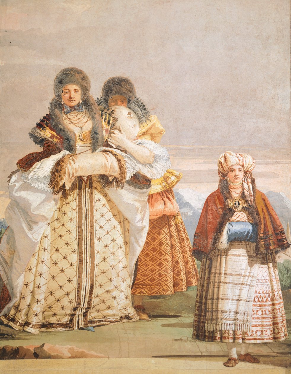 Winter walk, by Giambattista Tiepolo (1696-1770), fresco, detail, The Gothic Room, Guest Quarters of Villa Valmarana ai Nani, Vicenza, Italy بواسطة جيوفاني باتيستا تيبولو