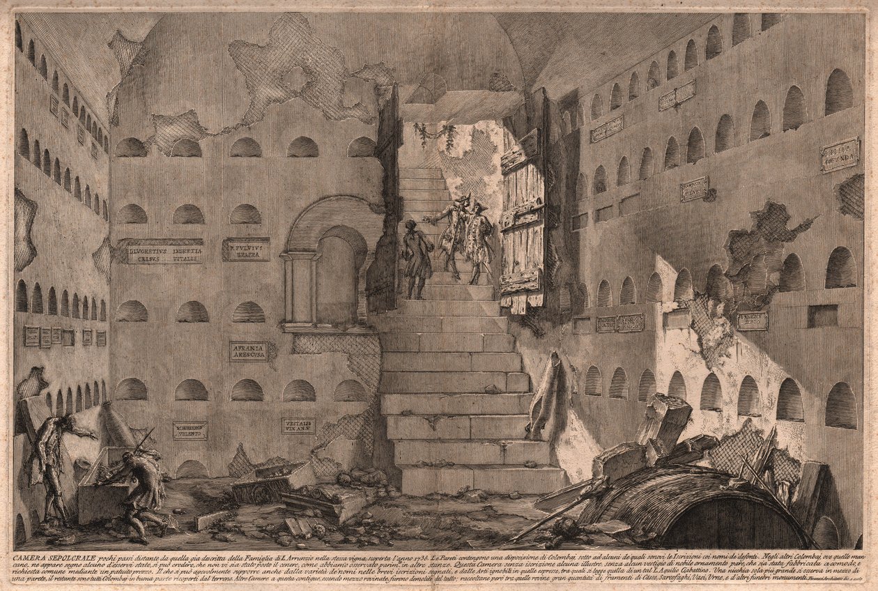 منظر لاكتشاف غرفة قبر قديمة في عام 1736 بالقرب من روما ، إيطاليا (نقش) بواسطة جيوفاني باتيستا (بعد) بيرانيزي