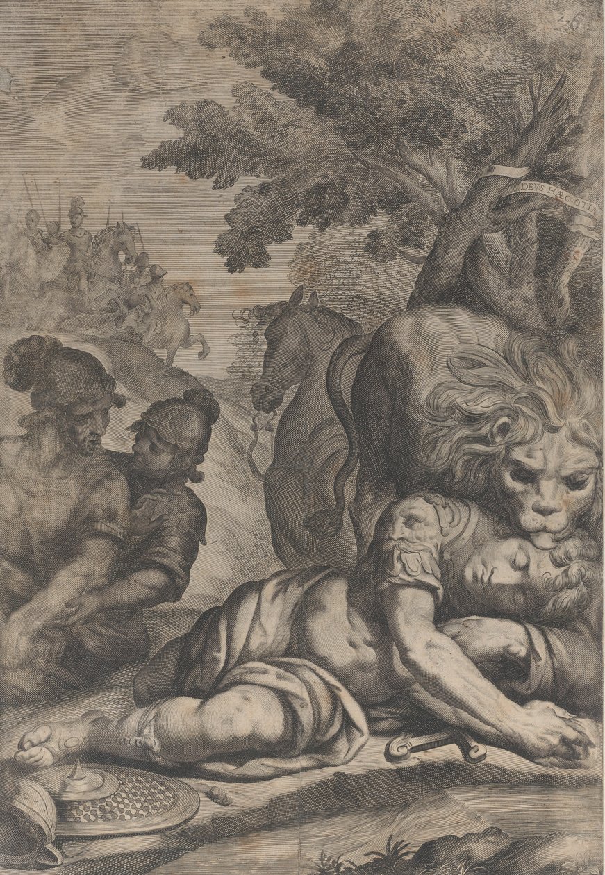 أسد فوق فارس سقط إلى اليمين مع جنديين آخرين على اليسار ، 1640-70. بواسطة جيوفاني باتيستا بوناسينا