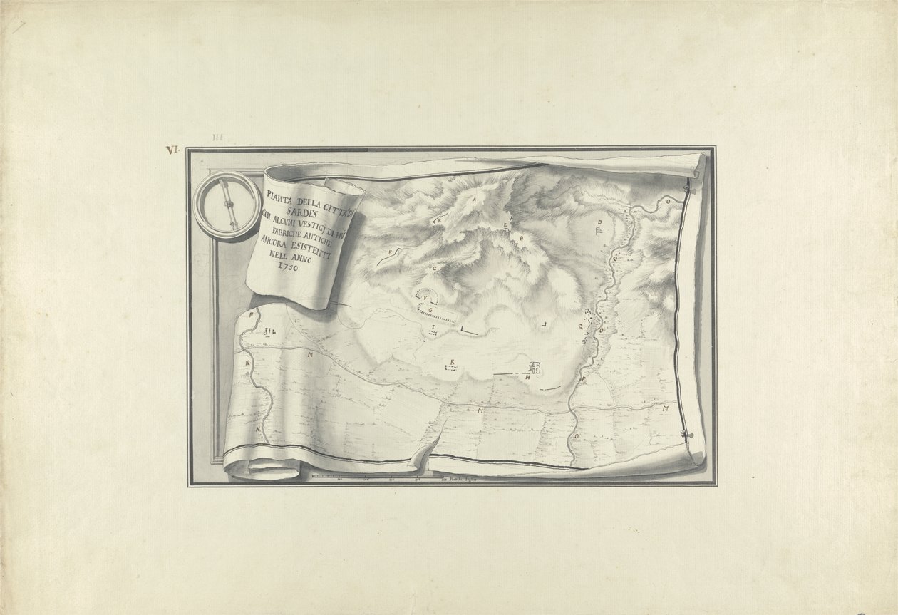 مخطط أطلال سارديس مع آثار المباني القديمة التي لا تزال موجودة في عام 1750 ، ج .1750 (قلم وحبر مع طلاء فوق الجرافيت على الورق) بواسطة جيوفاني باتيستا بورا