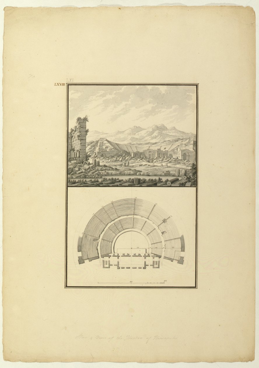 منظر وخطة مسرح هيرابوليس (الآن باموكالي) ، ج .1750 (قلم وحبر وغسل على ورق) بواسطة جيوفاني باتيستا بورا
