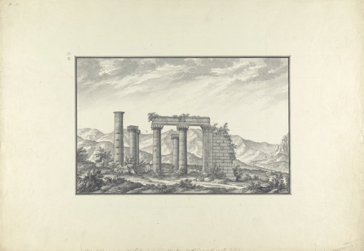 منظر لأنقاض معبد أيوني في سارديس ، ربما معبد نبتون ، c.1750 (غسيل رمادي ، قلم وحبر وقلم رصاص على ورق) بواسطة جيوفاني باتيستا بورا