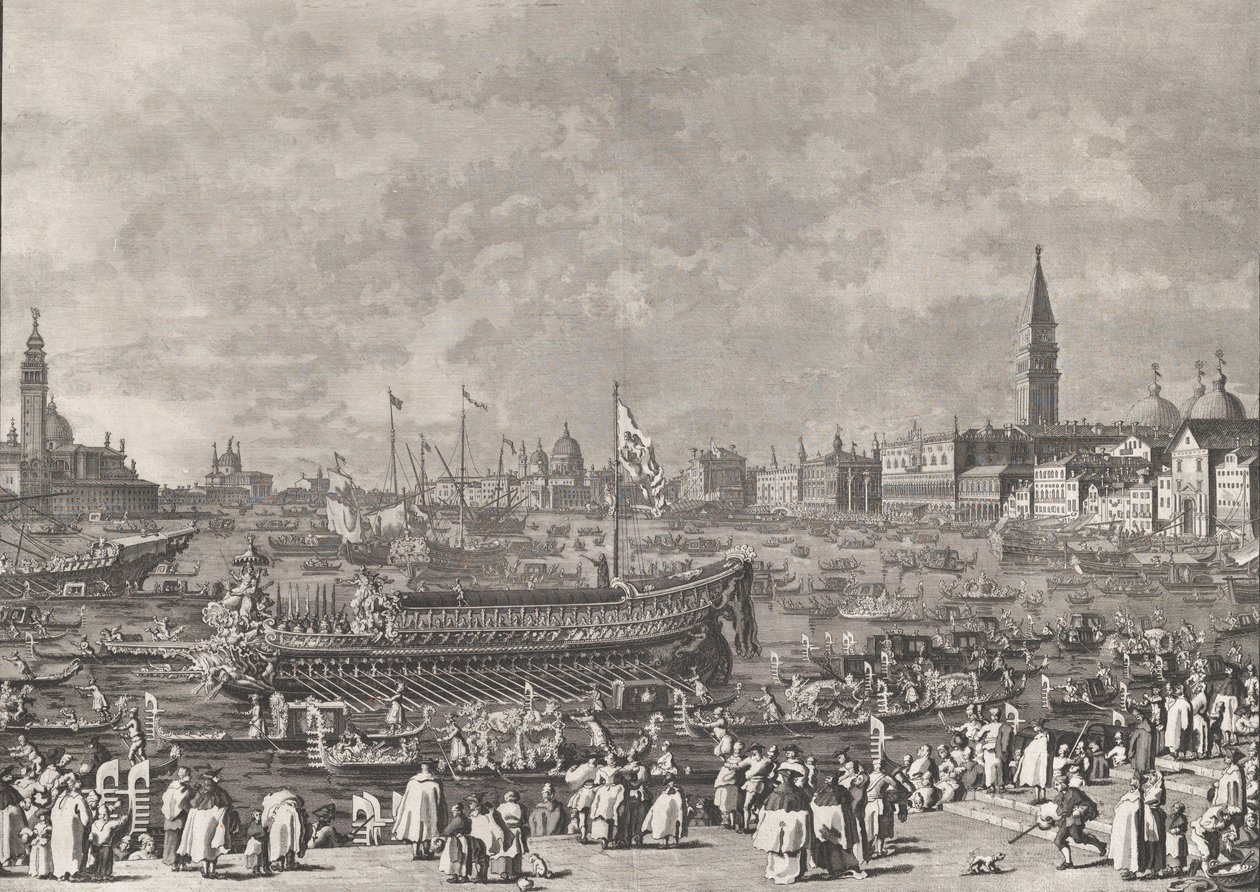 اللوحة 5: The Doge in the Bucintoro المغادرة إلى Porto di Lido في يوم الصعود ، f ... ، ca. 1766. بواسطة جيوفاني باتيستا بروستولوني