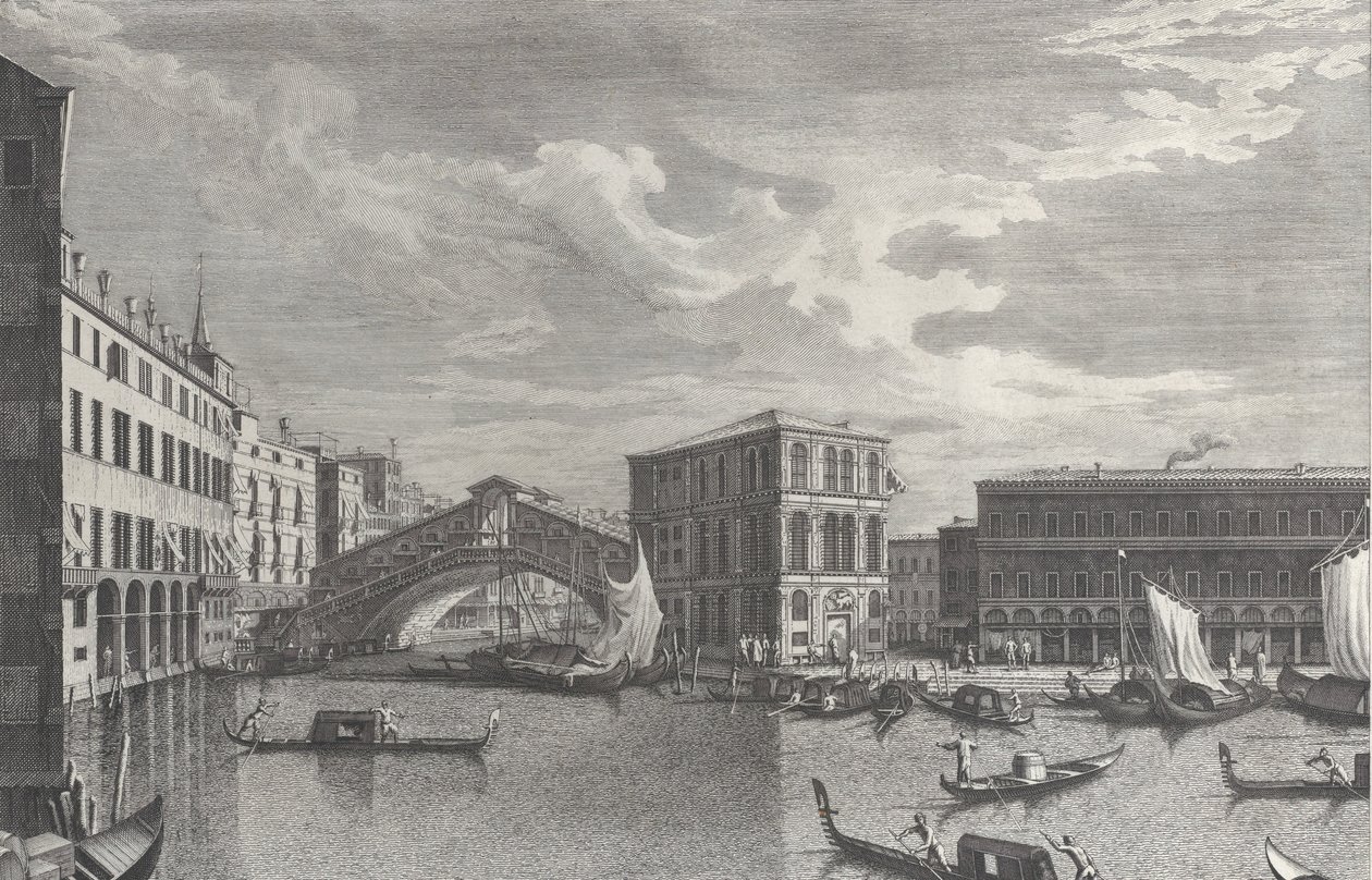 جسر ريالتو ، البندقية ، بالقوارب والجندول في الماء ، 1763. بواسطة جيوفاني باتيستا بروستولوني