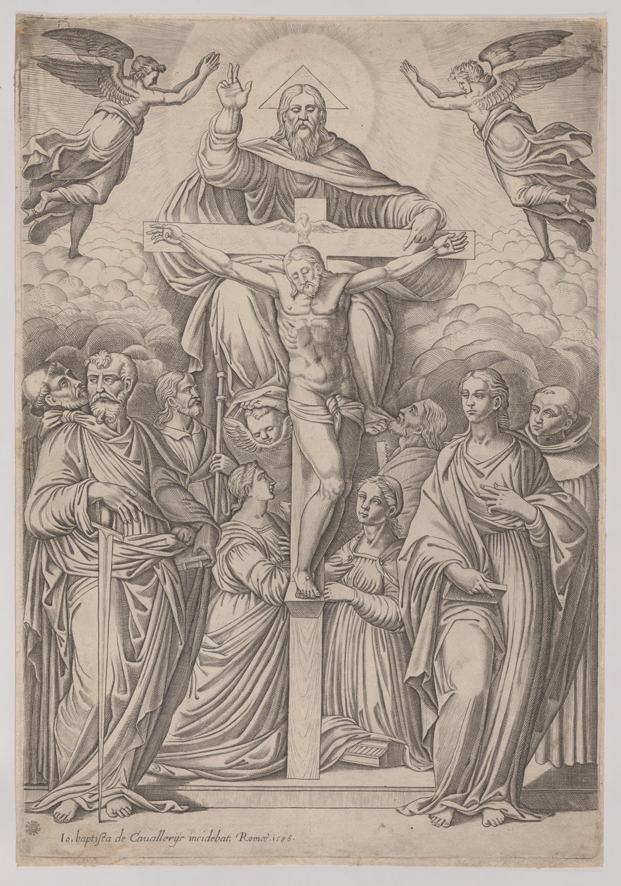 الثالوث ، مع الصلب في المركز والقديسين على الجانبين ، 1586. بواسطة جيوفاني باتيستا كافالييري