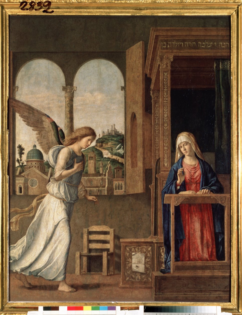 "" البشارة "(البشارة) لوحة لجيوفاني باتيستا سيما دا كونيجليانو (حوالي 1459-1517) 1495 Dim. 136x107 cm سانت بطرسبرغ ، متحف المحبسة بواسطة جيوفاني باتيستا سيما دا كونجليانو