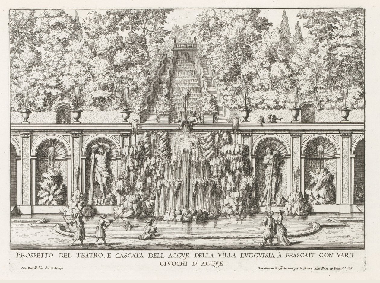 Cascade in Teatro delle Acque in de tuinen van de Villa Torlonia te Frascati نشرة لمسرح وشلال فيلا لودوفيزيا (...) (العنوان على الكائن) نوافير فيلات فراسكاتي (عنوان السلسلة) فونتينين فان فراسكاتي (عنوان المسلسل) بواسطة جيوفاني باتيستا فالدا