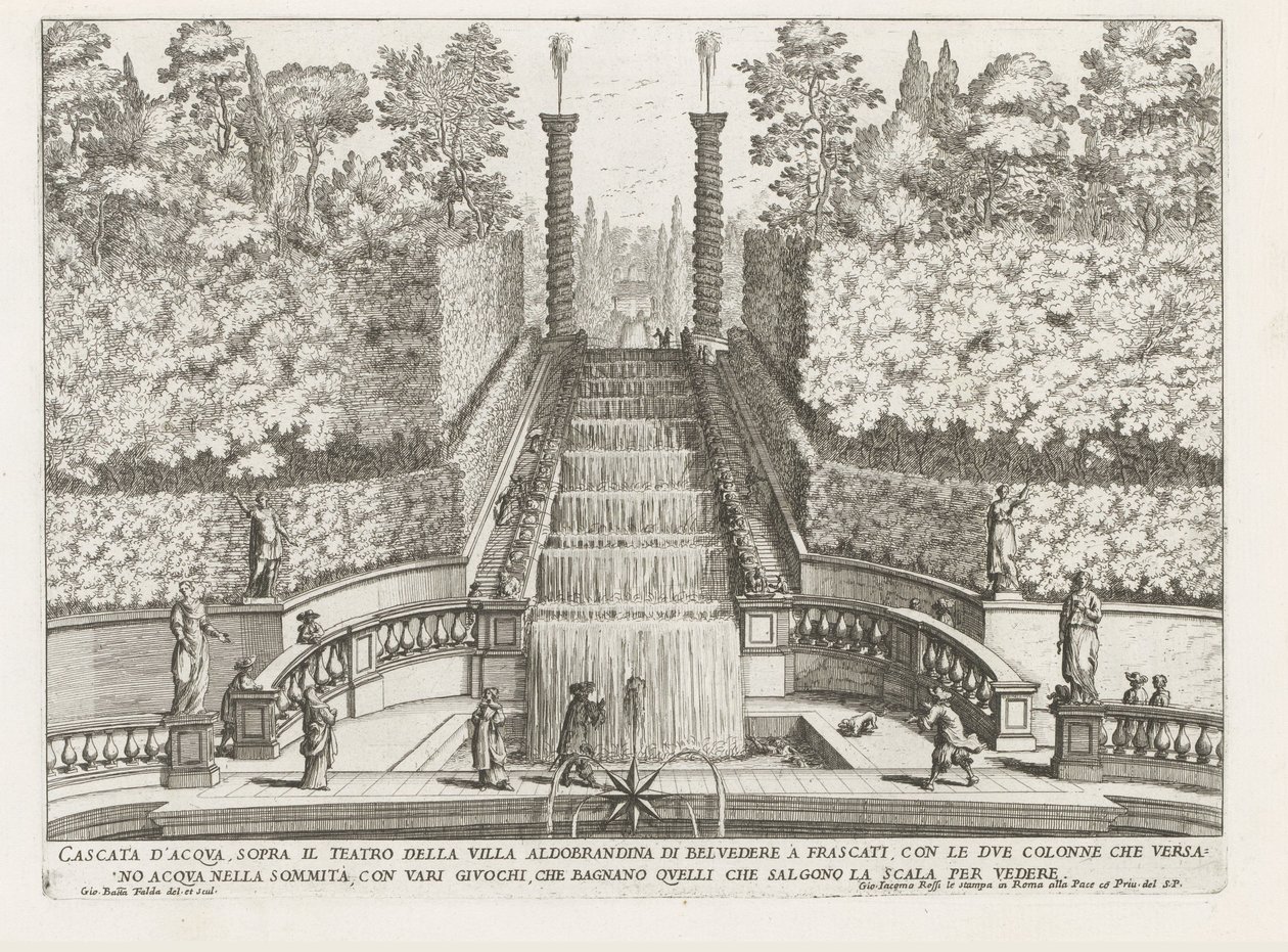 Cascade in de tuinen van de Villa Aldobrandini te Frascati شلال فوق مسرح فيلا Aldobrandina di Belvedere في فراسكاتي (...) (العنوان على الكائن) نوافير فيلات فراسكاتي (عنوان السلسلة) فونتينين فان فراسكاتي (عنوان المسلسل) بواسطة جيوفاني باتيستا فالدا