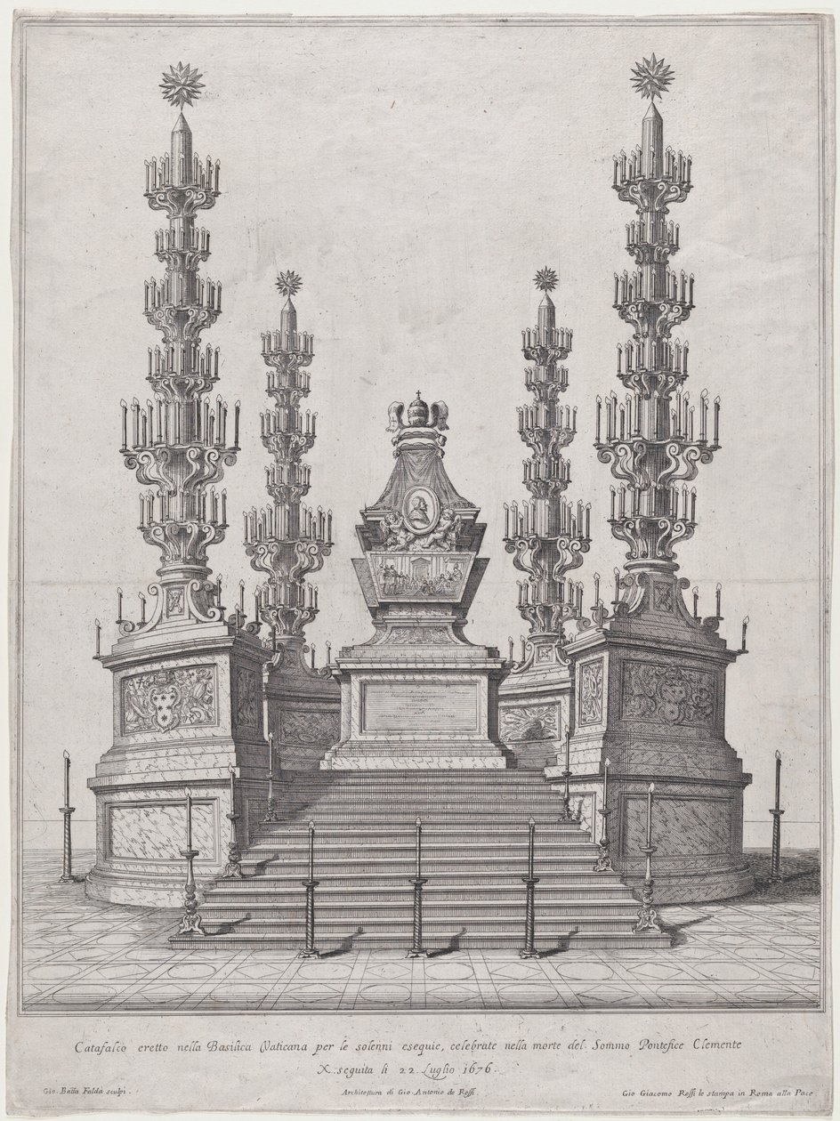 Catafalque للبابا كليمنت X ، الهيكل المركزي في الجزء العلوي من منصة من خمسة عشر خطوة ، مع ... ، 1676. بواسطة جيوفاني باتيستا فالدا