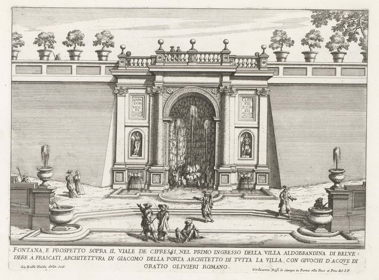 Fontein in de tuinen van de Villa Aldobrandini te Frascati النافورة والارتفاع فوق شارع السرو (...) (العنوان على الكائن) نوافير فيلات فراسكاتي (عنوان السلسلة) فونتينين فان فراسكاتي (عنوان المسلسل) بواسطة جيوفاني باتيستا فالدا