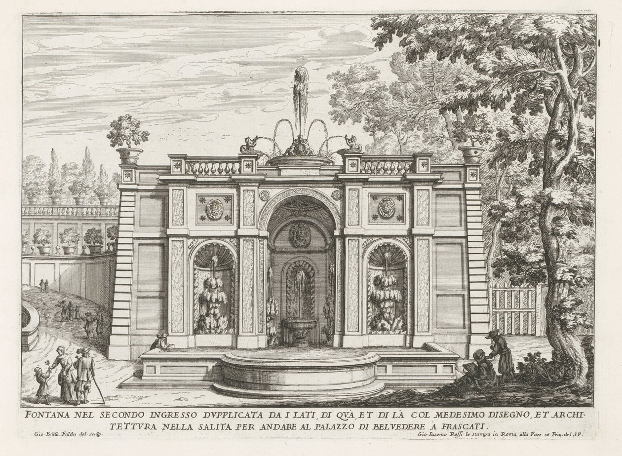Fontein in de tuinen van de Villa Aldobrandini te Frascati نافورة في المدخل الثاني مكررة من الجانبين (...) (العنوان على الجسم) نوافير فيلات فراسكاتي (عنوان السلسلة) فونتينين فان فراسكاتي (عنوان المسلسل) بواسطة جيوفاني باتيستا فالدا