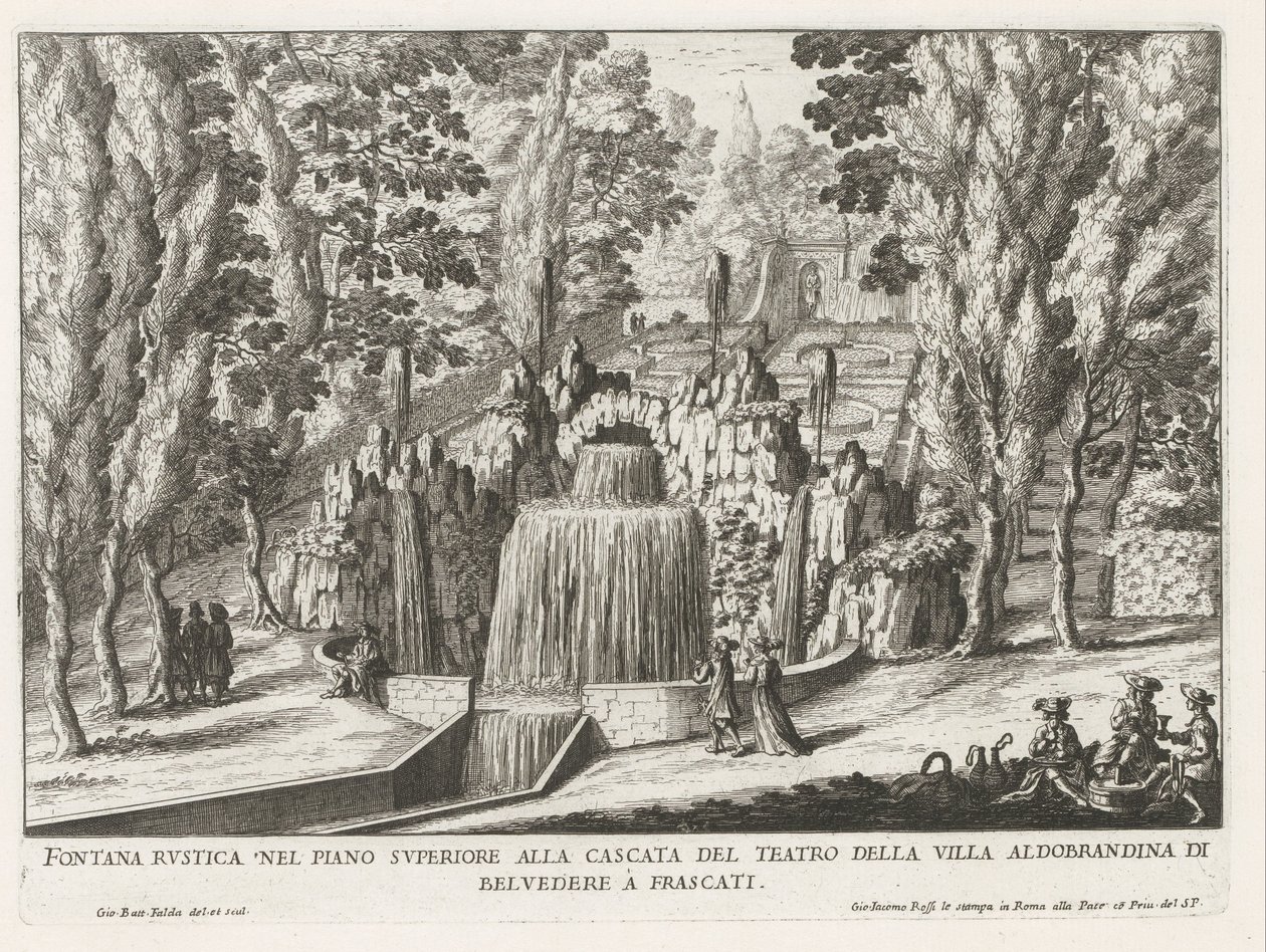 Fontein in de tuinen van de Villa Aldobrandini te Frascati نافورة ريفية في الطابق العلوي من شلال المسرح (...) (العنوان على الكائن) نوافير فيلات فراسكاتي (عنوان السلسلة) فونتينين فان فراسكاتي (عنوان المسلسل) بواسطة جيوفاني باتيستا فالدا
