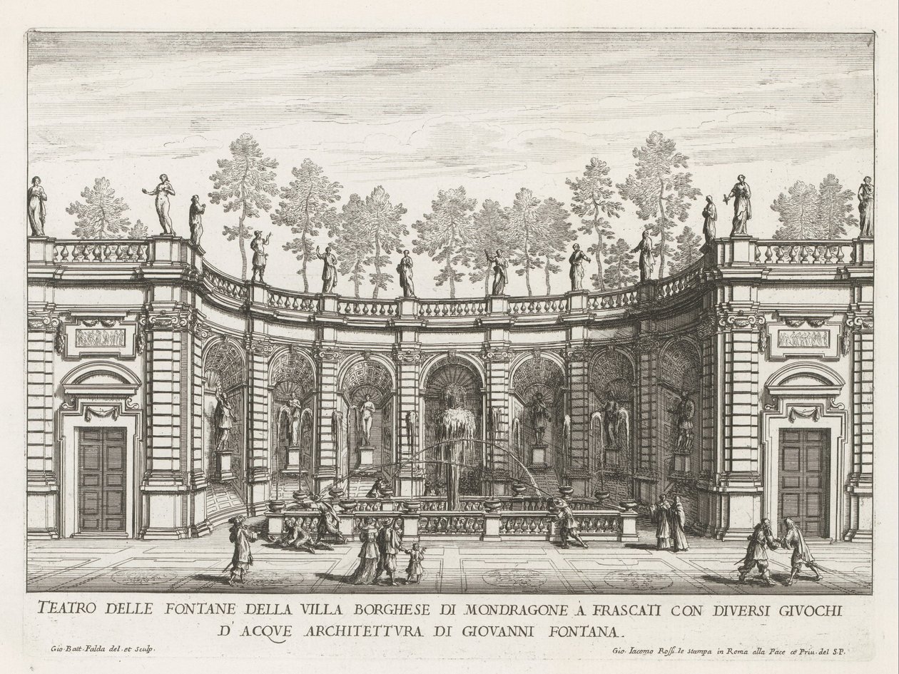 Fontein in de tuinen van de Villa Mondragone te Frascati مسرح نوافير فيلا بورغيزي في موندراغوني في فراسكاتي (...) (العنوان على الكائن) نوافير فيلات فراسكاتي (عنوان السلسلة) فونتينين فان فراسكاتي (عنوان المسلسل) بواسطة جيوفاني باتيستا فالدا