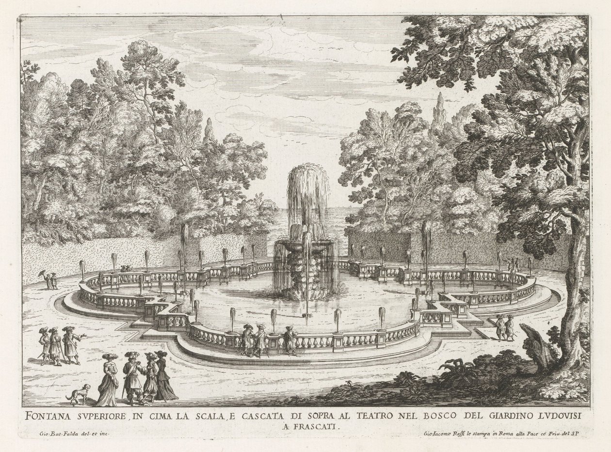 Fontein in de tuinen van de Villa Torlonia te Frascati النافورة العلوية أعلى الدرج والشلال فوق المسرح (...] (العنوان على الكائن) نوافير فيلات فراسكاتي (عنوان السلسلة) فونتينين فان فراسكاتي (عنوان المسلسل) بواسطة جيوفاني باتيستا فالدا