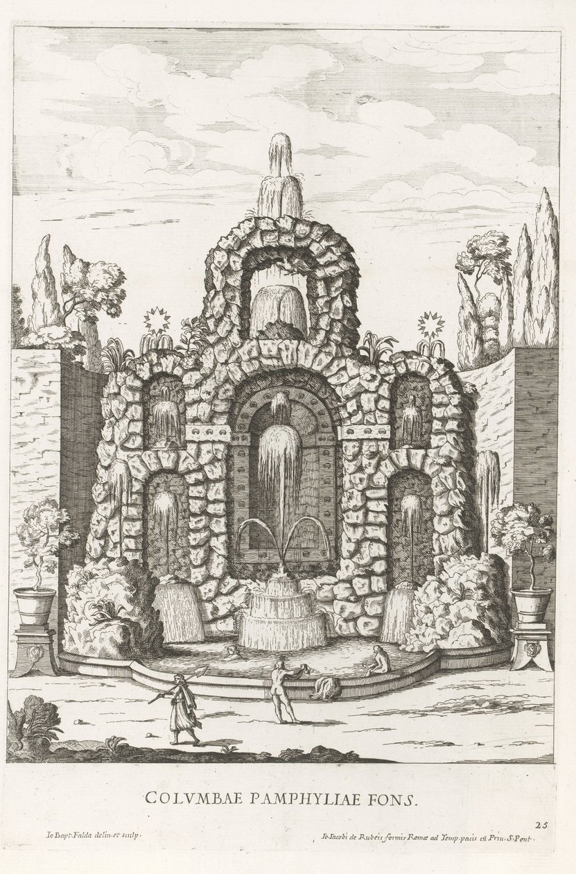 نافورة مع الحمام في حدائق فيلا دوريا بامفيلج في روما Columbae Pamphyliae fons (العنوان على الكائن) Le Fontane ne Palazzi e ne giardini di Roma (عنوان المسلسل) نوافير في قصور وحدائق روما (عنوان السلسلة) بواسطة جيوفاني باتيستا فالدا