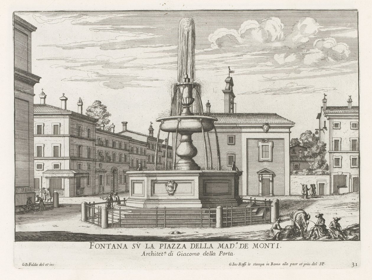 فونتين أوب بيازا ديلا مادونا دي مونتي في روما نافورة على ساحة Piazza della Mad.a de Monti (العنوان على الكائن) نوافير روما (عنوان السلسلة) فونتينين فان روما (عنوان المسلسل) بواسطة جيوفاني باتيستا فالدا